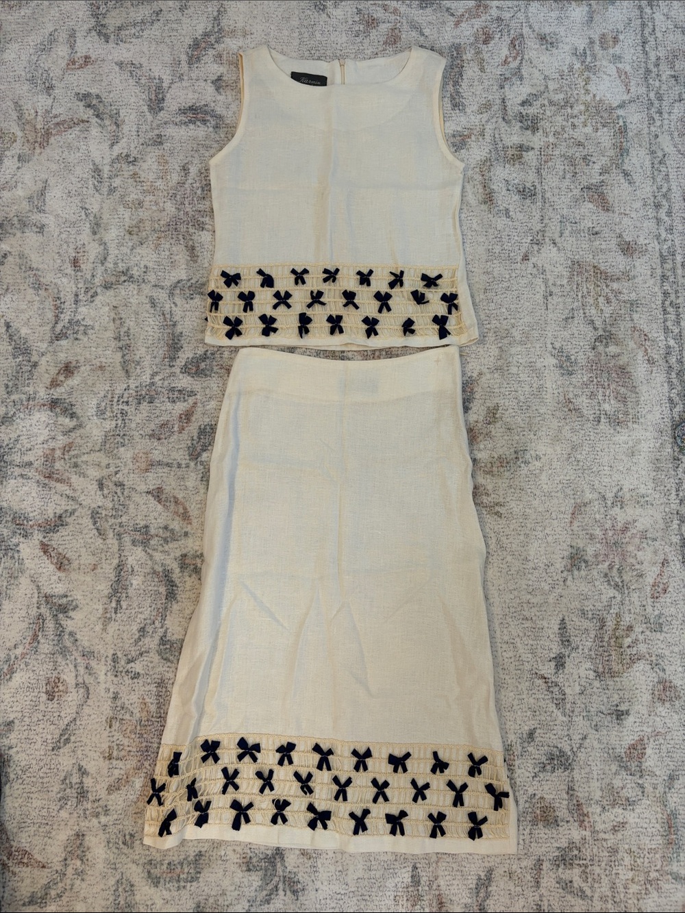1960’s Vintage Cream Two-Piece Skirt Set with Navy Bow Trim